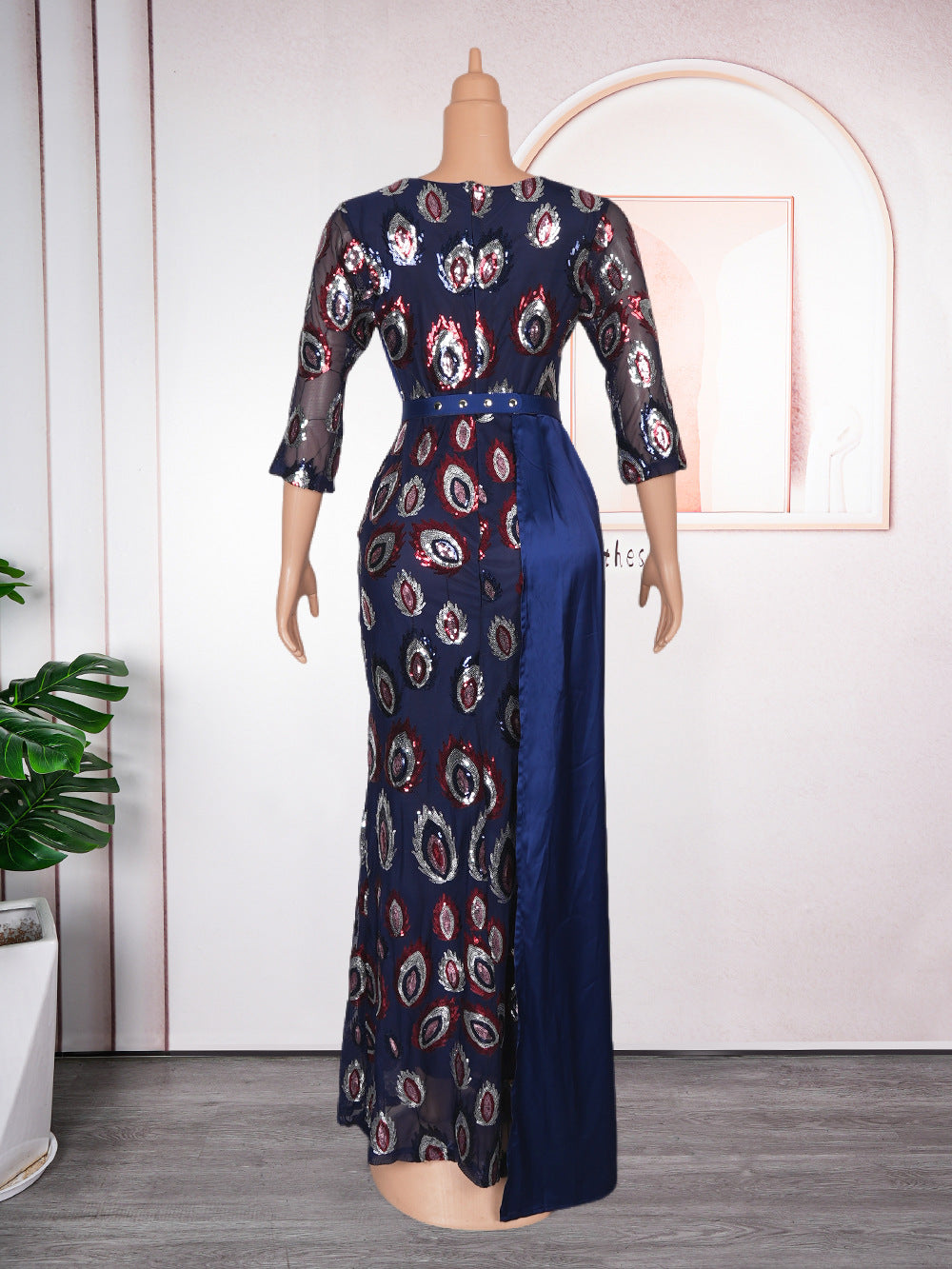 Patchwork Contrast African Women's Plus Size High Waist Sequin Long Dress 17