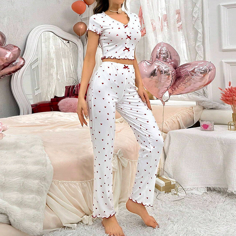 Women Casual Heart Print wave edge short sleeve Top and trousers Pajama two-piece set 7