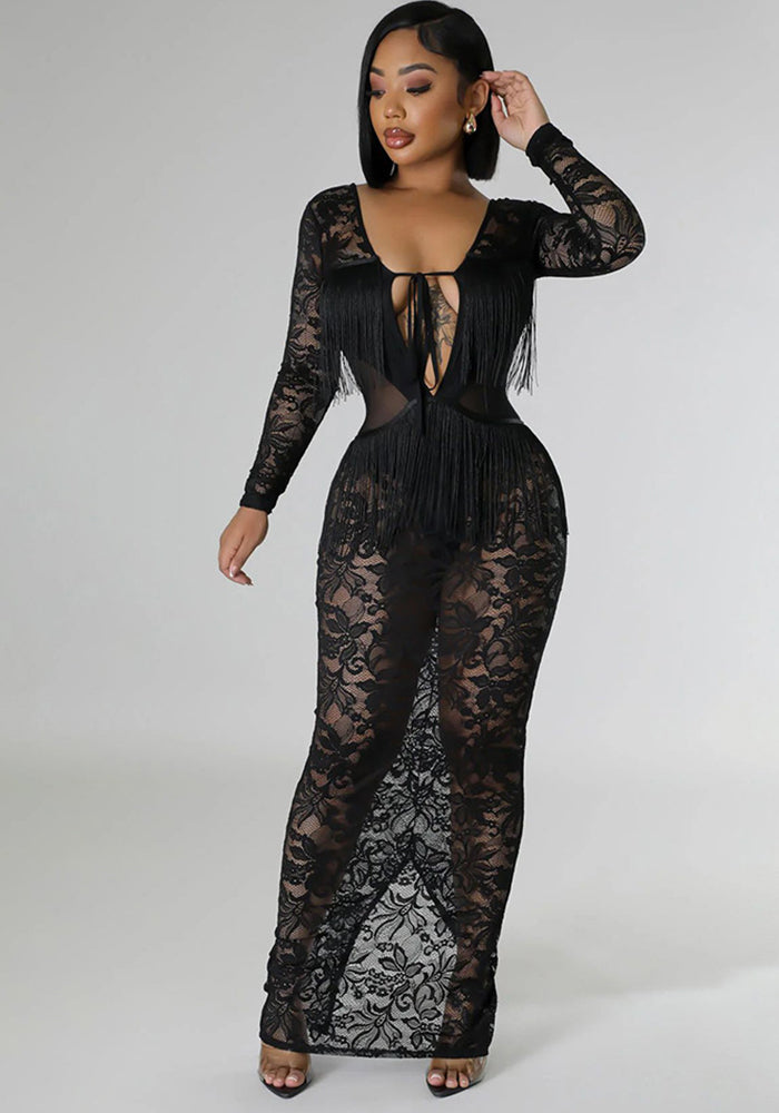 Summer Style Fashion Women's Sexy See Through Low Back Tassel Lace Dress