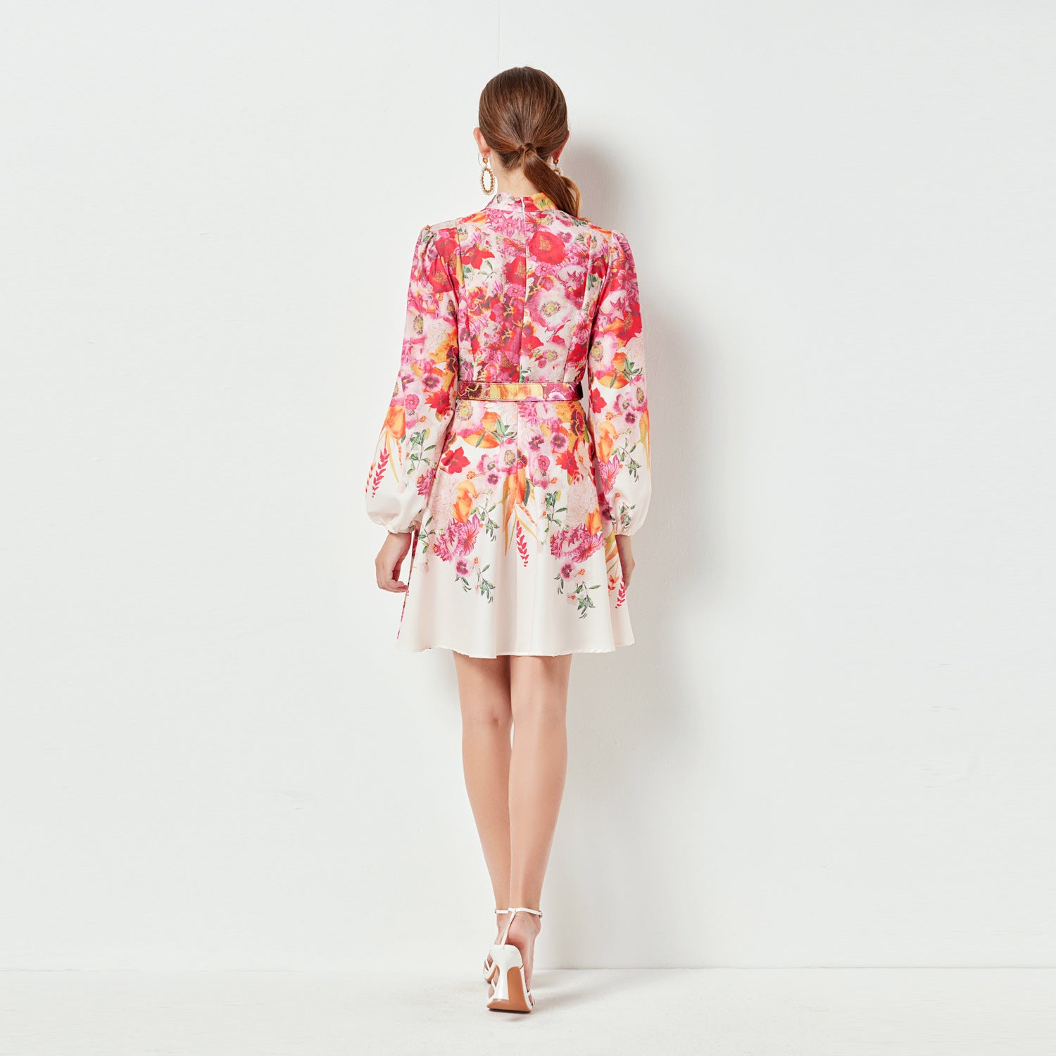 Women's Print Long Sleeve Lantern Sleeve Stand Collar Single-Breasted Short Dress With Belt 4