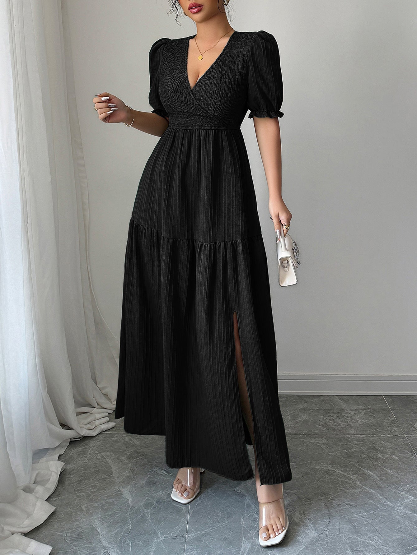 Spring/Summer Women's Chic Elegant Deep-V Neck Long Dress 3
