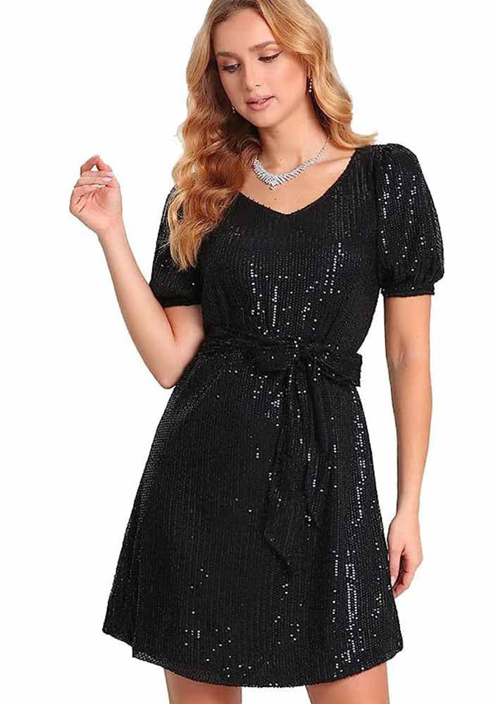Women's Short Sleeve V Neck Sequin Mini Sequin Dress With Belt Glitter Cocktail Evening Dress