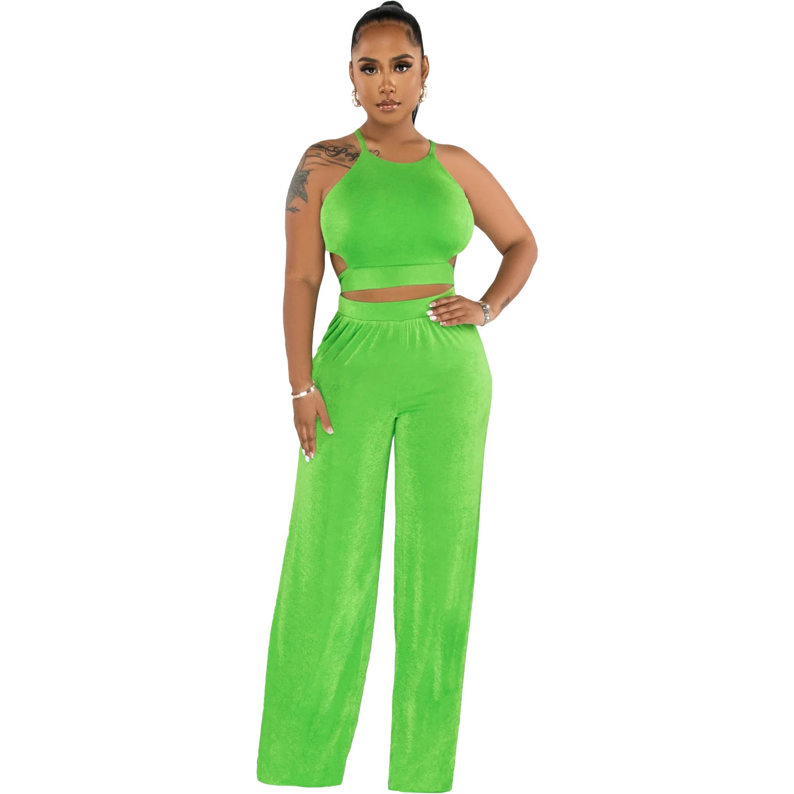 Women Halter Neck Crossover Crop Top andSolid Wide Leg Pants Two-Piece Set 8