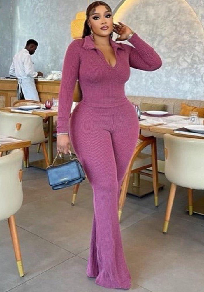 Women turndown collar knitting long sleeve top and Pants two-piece suit