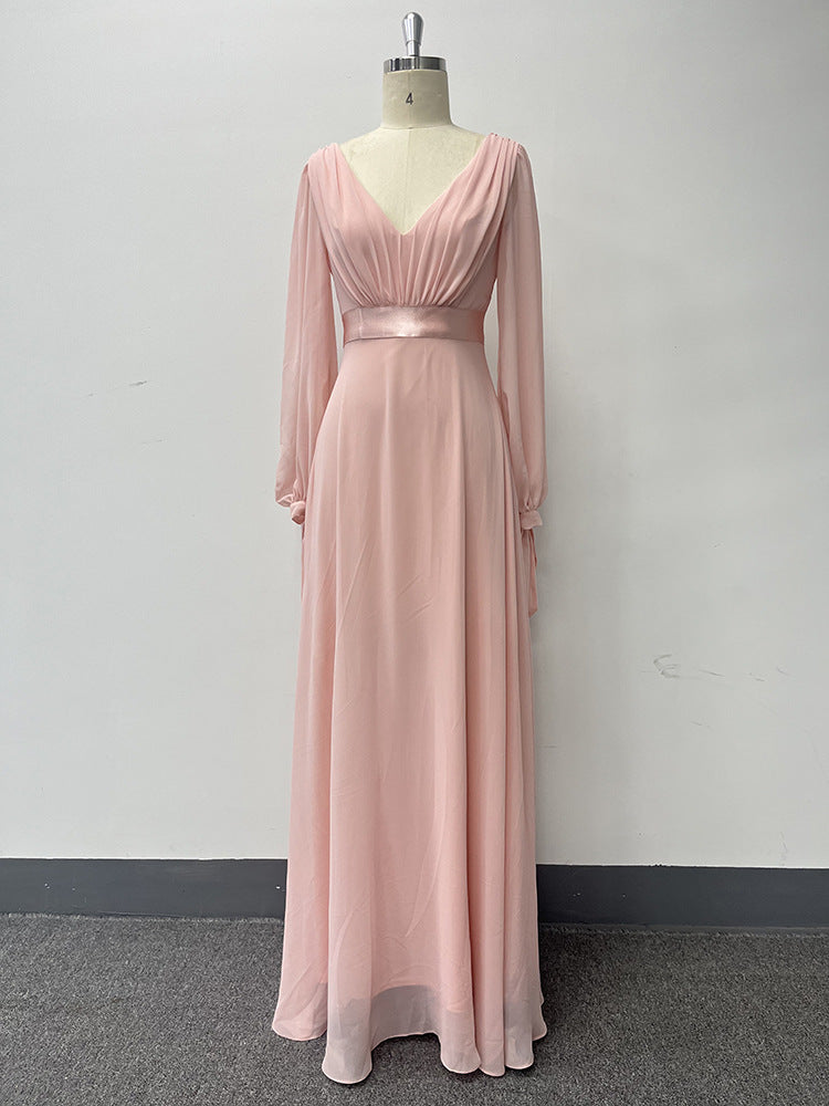 Pink Chiffon Dress Lace-Up Long Sleeves V-Neck Patchwork Elastic Waist Full Swing Evening Dress 9