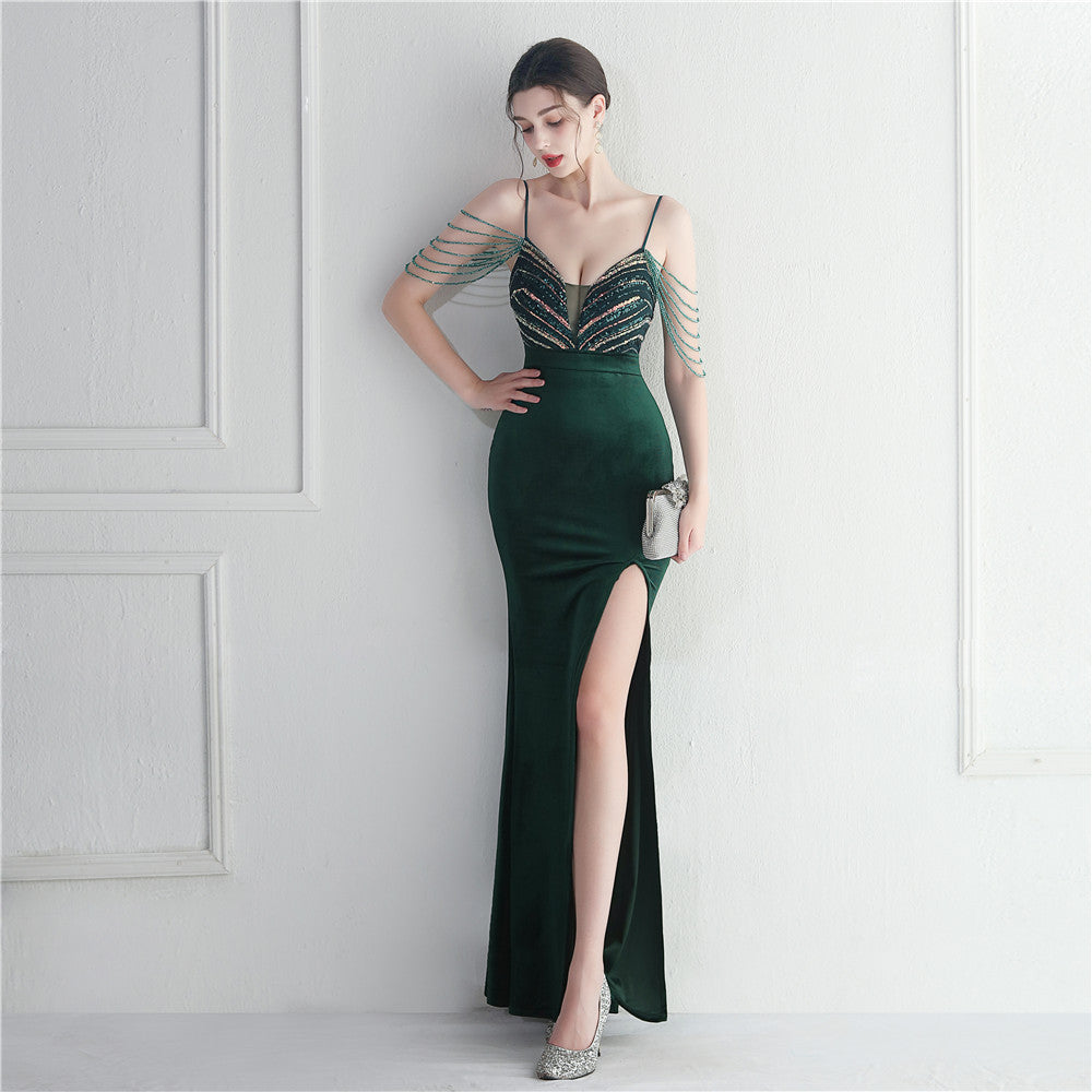 Women Velvet Sequined Annual Meeting Maxi Mermaid Evening Dress 10