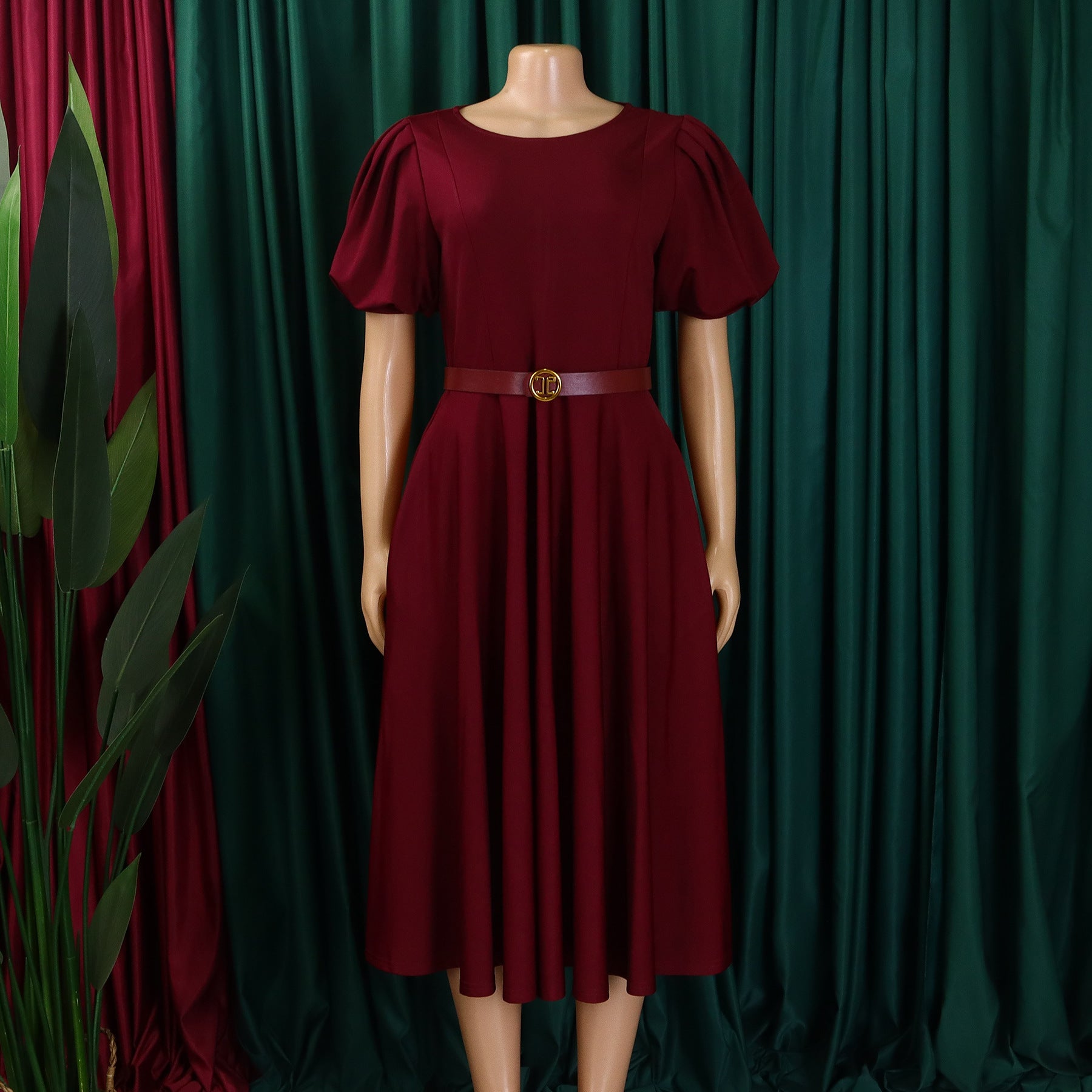 Women's Summer Trendy Puff-Sleeve Elegant High-Waist Solid Round Neck A-line African Dress 22