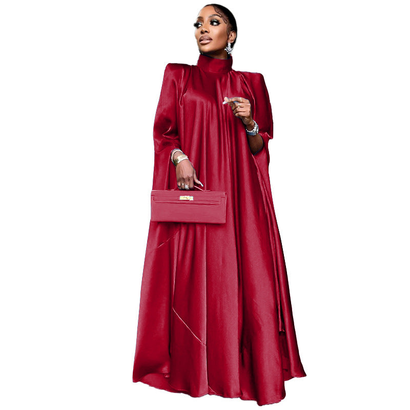 Dubai Muslim Women'S High Neck Loose Swing Robe Satin Dress Women'S Abaya 12