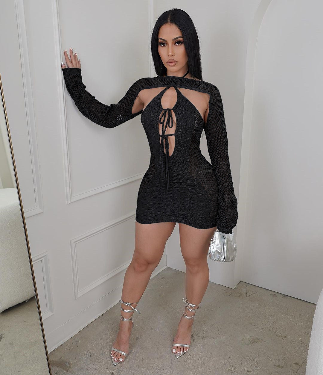 Women's Sexy Hollow Knitted Round Neck Long Sleeve Top Halter Neck Back Hollow Jumpsuit Two-Piece Set 4