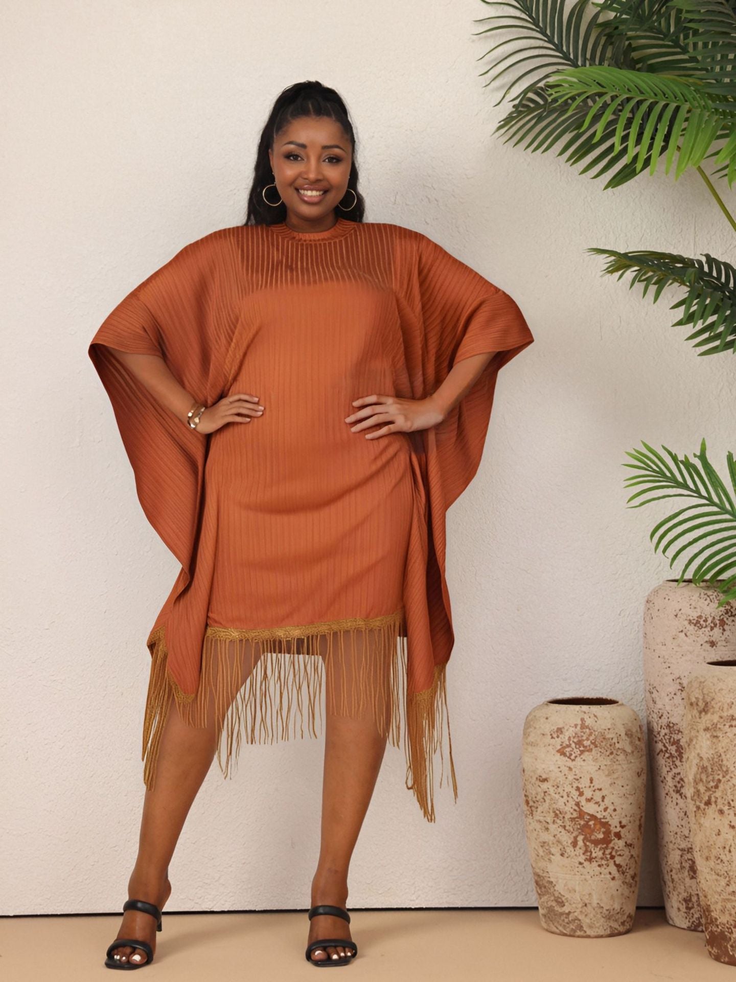 Three Quarter Sleeve Elegant Tassel Bat Sleeve Plus Size Dress 14