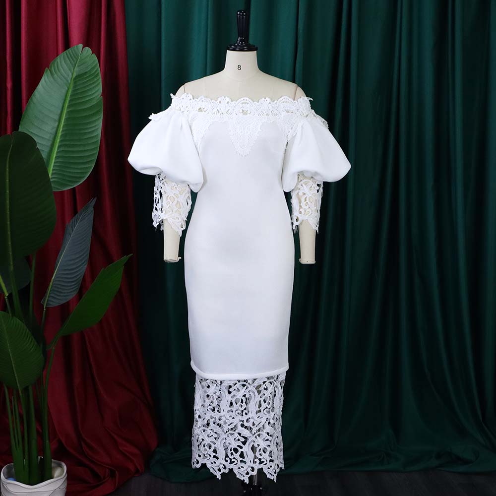 Women's Clothing Off Shoulder Lace Patchwork Puff Sleeve Formal Party Evening Dress 23