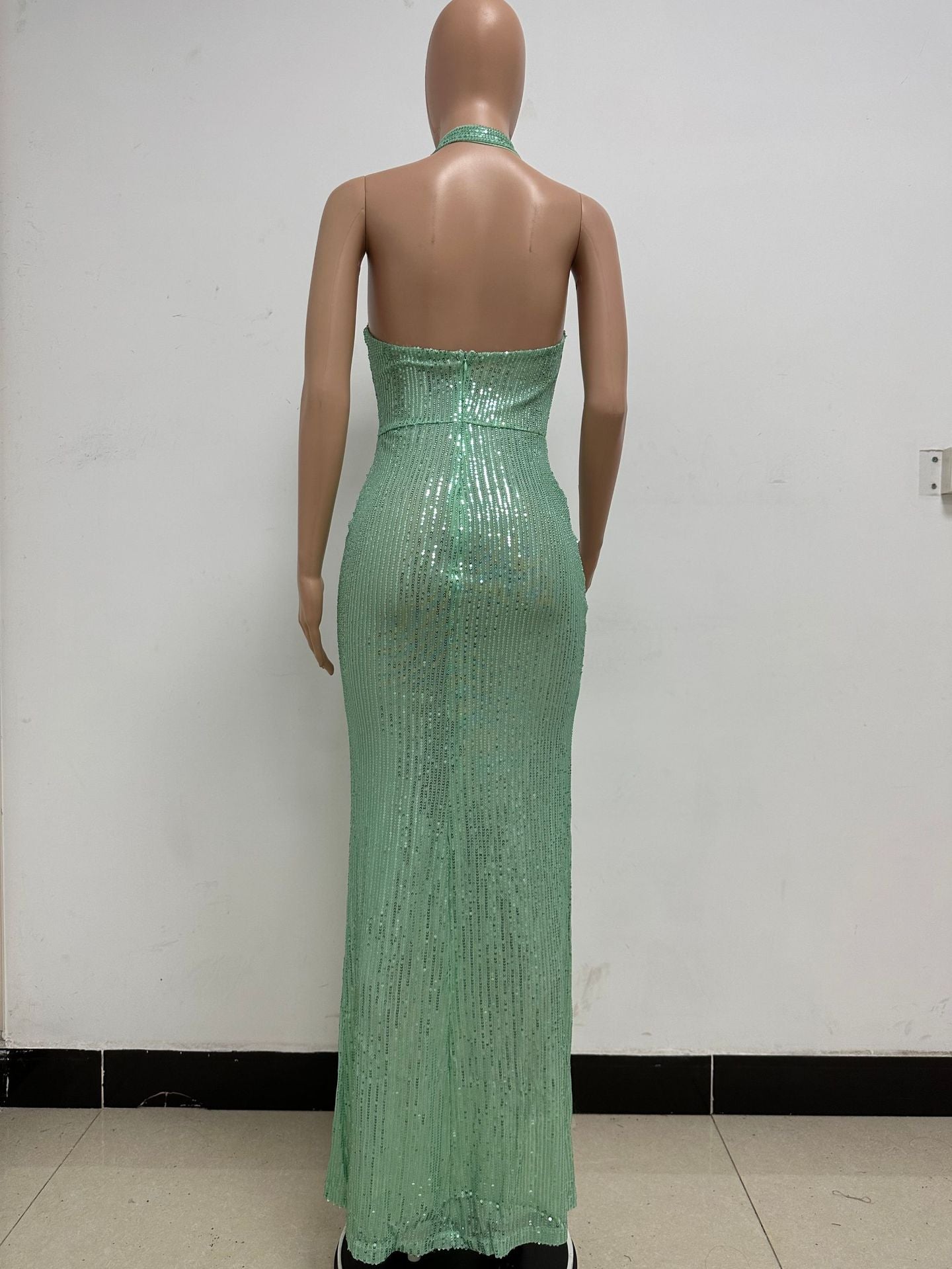 Women Sleeveless Halter Neck Backless Sequin Slit Evening Dress 56