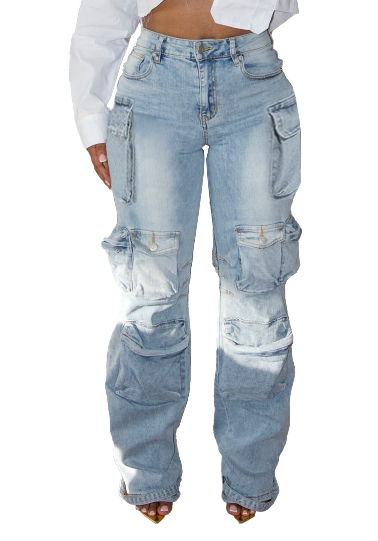 Fashionable Casual Multi-Pocket Patchwork Cargo Denim Pants