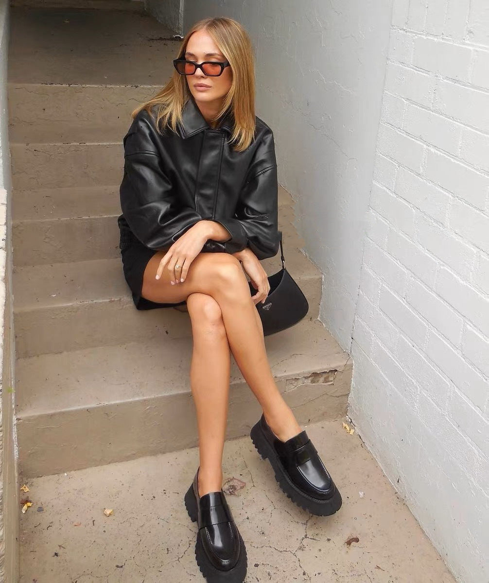 Women American Retro Loose PU-Leather Flight Jacket 3