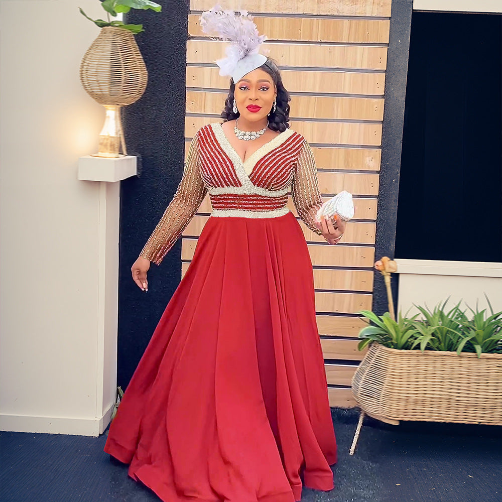 Plus Size African Women Autumn Lace Patchwork Sequins Dress 3