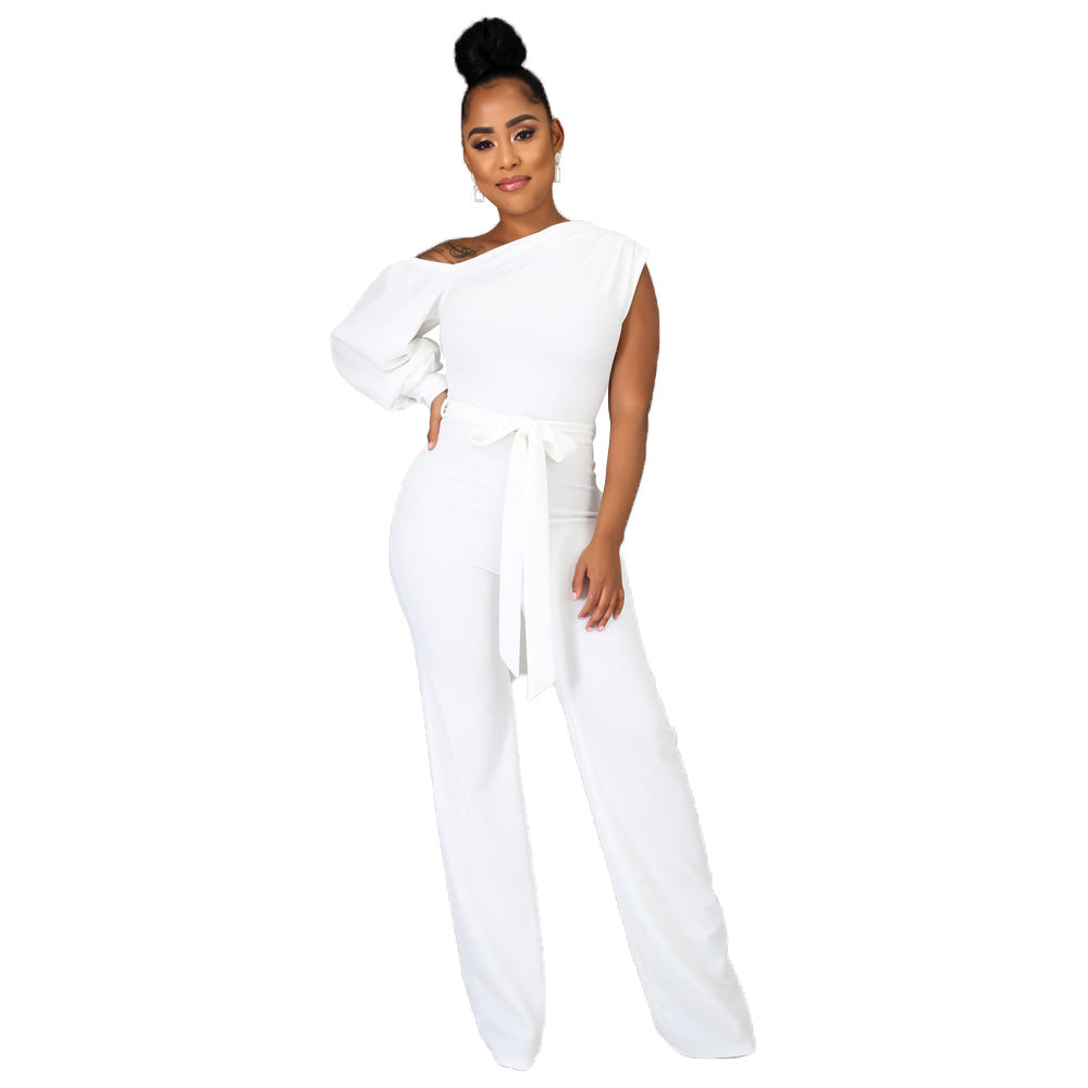 Women Solid Color One Shoulder Wide Leg Jumpsuit 4
