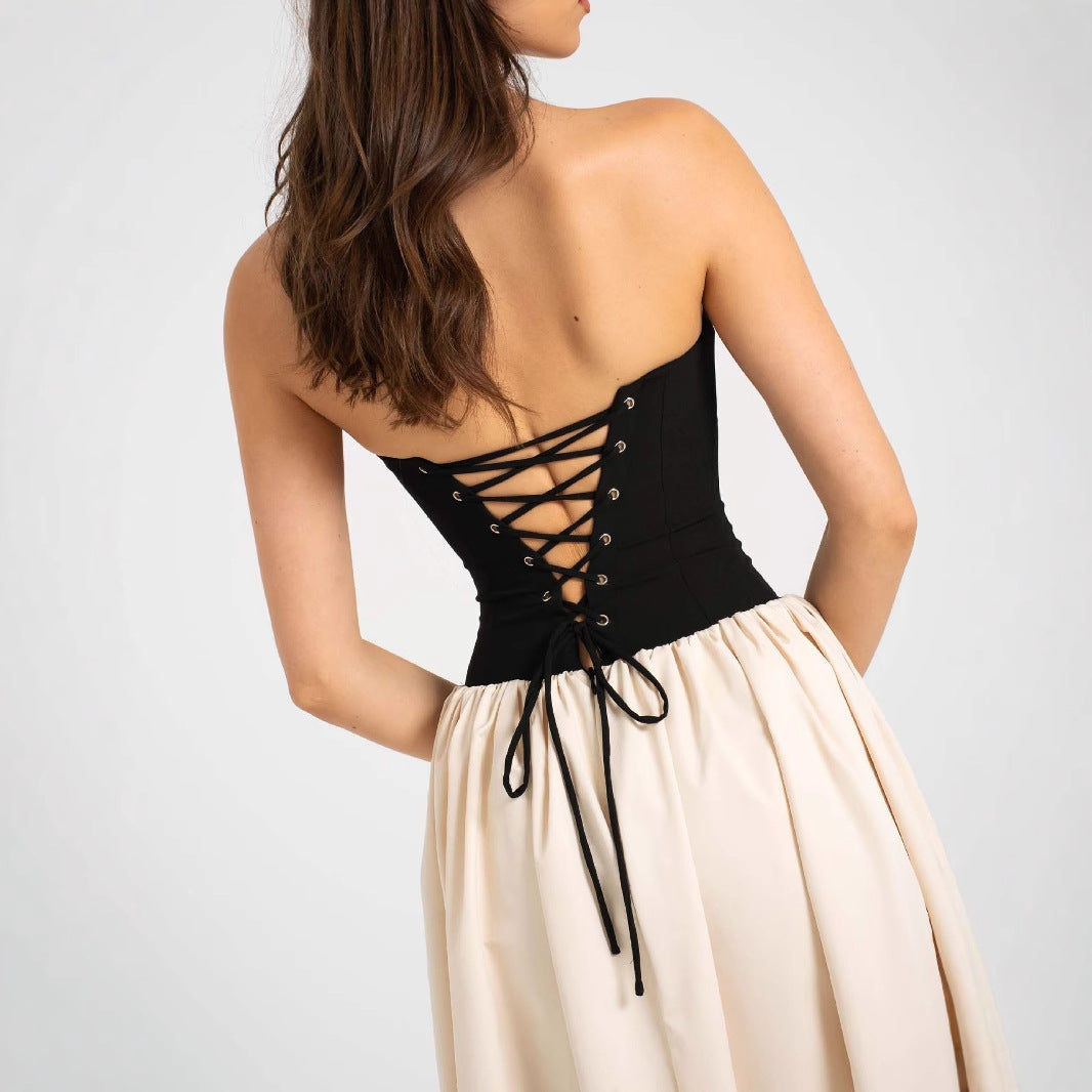 Women summer contrast color Strapless sleeveless dress 5