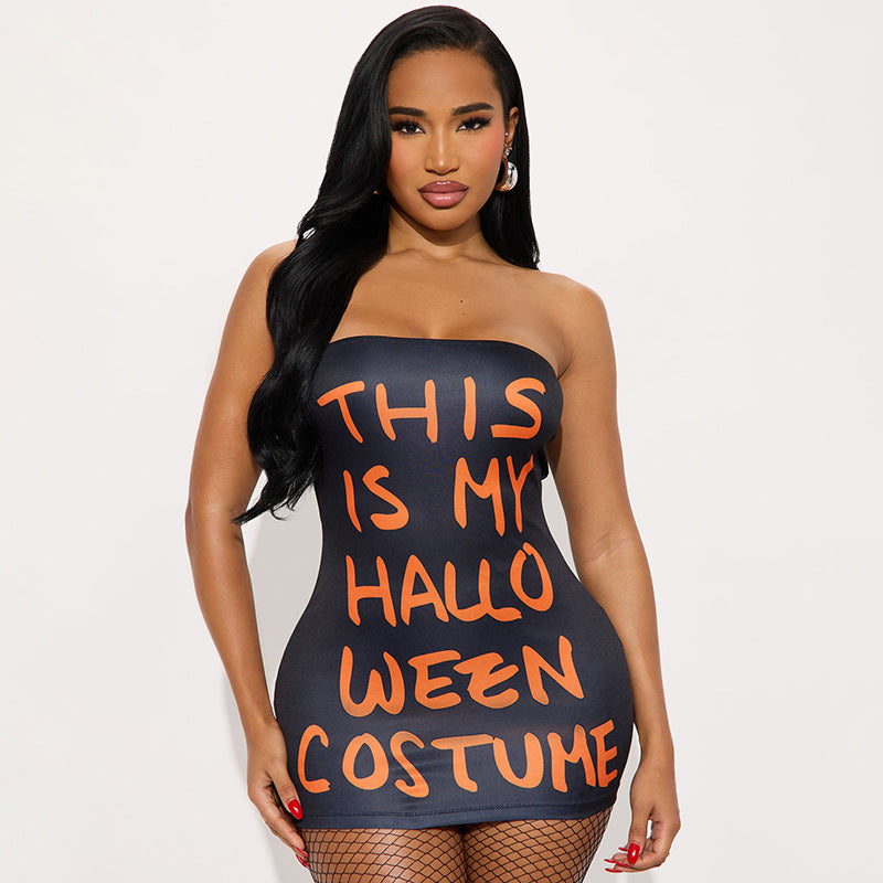 Women's Autumn Strapless Halloween Print Tight-Fitting Mini Bodycon Dress 3
