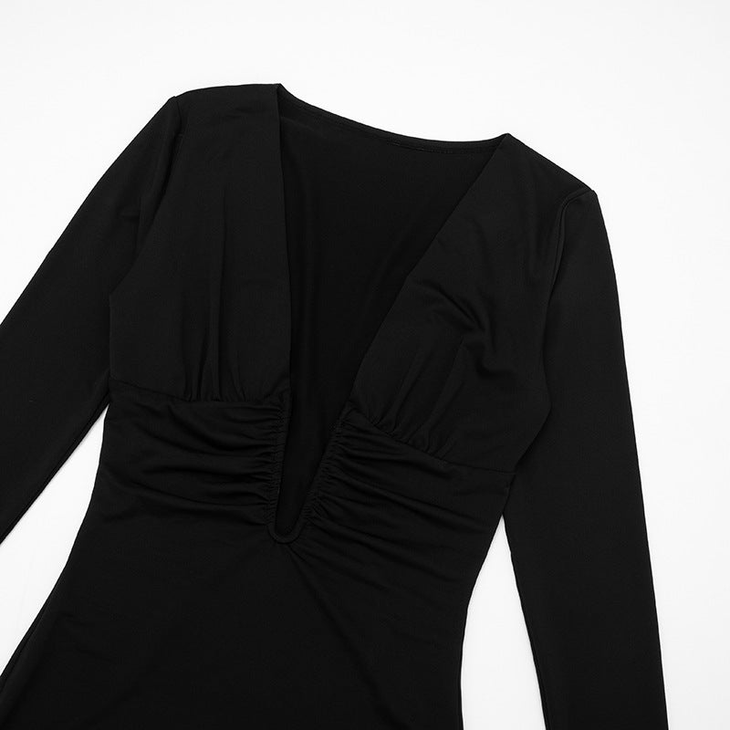 Women Sexy V-Neck Cutout Long-Sleeve Gathered Bodycon Dress 11