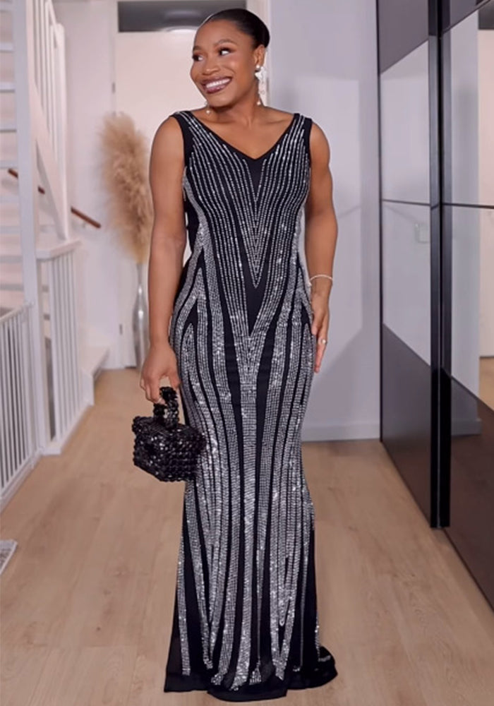 Women Beaded V-neck Sleeveless Elastic Bodycon Maxi Dress