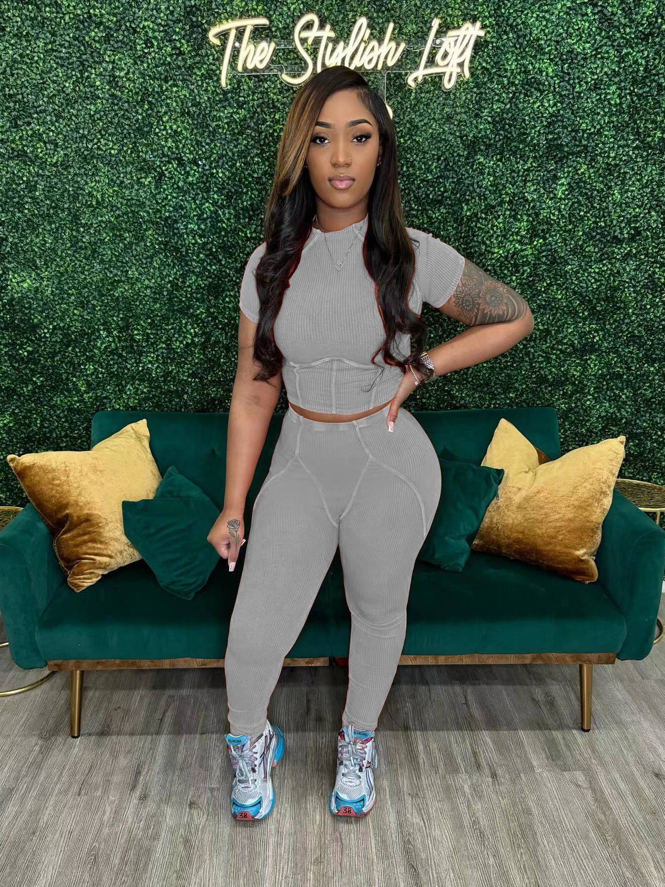 Women washed Ribbed short-sleeved top and trousers two-piece set 4