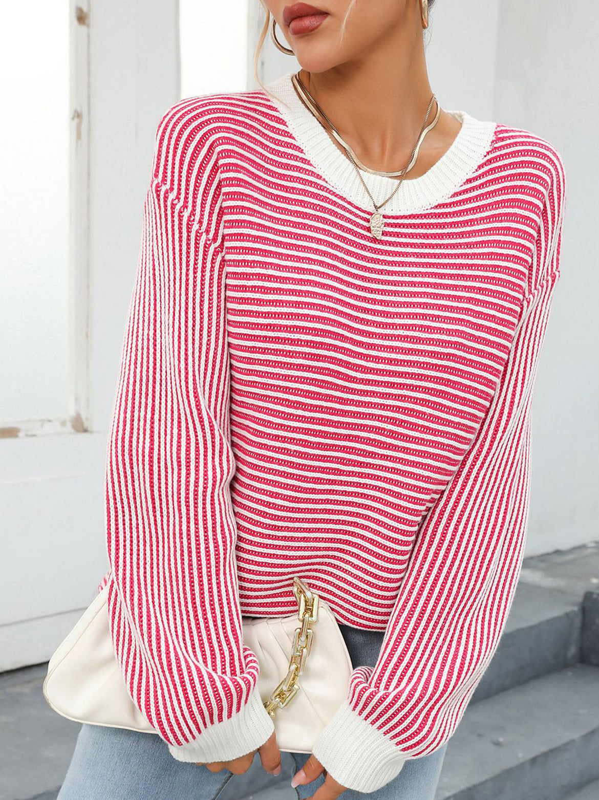 Autumn And Winter Women's Color-Blocked Round Neck Pullover Sweater Striped Knitting Top 10