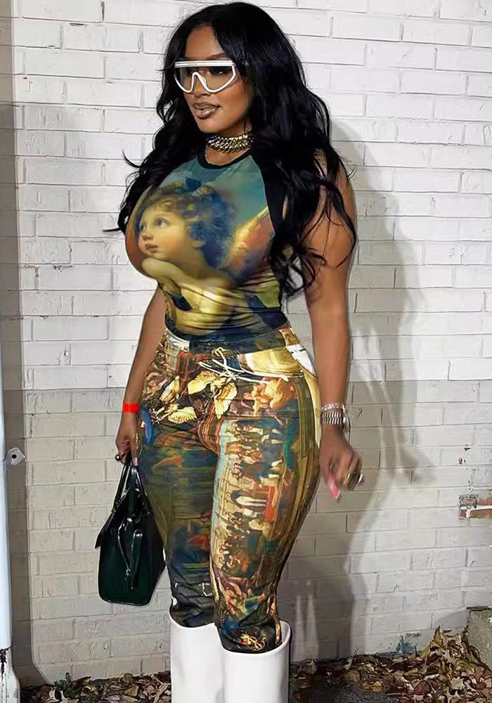 Fashion Print Sleeveless Slim Two Piece Set