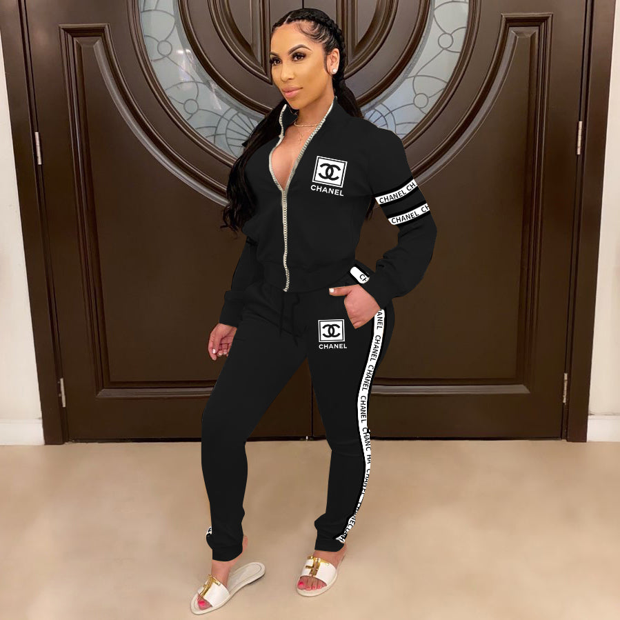 Women's Winter Chic Trendy Print Pants Long Sleeve Zipper Coat Set 7