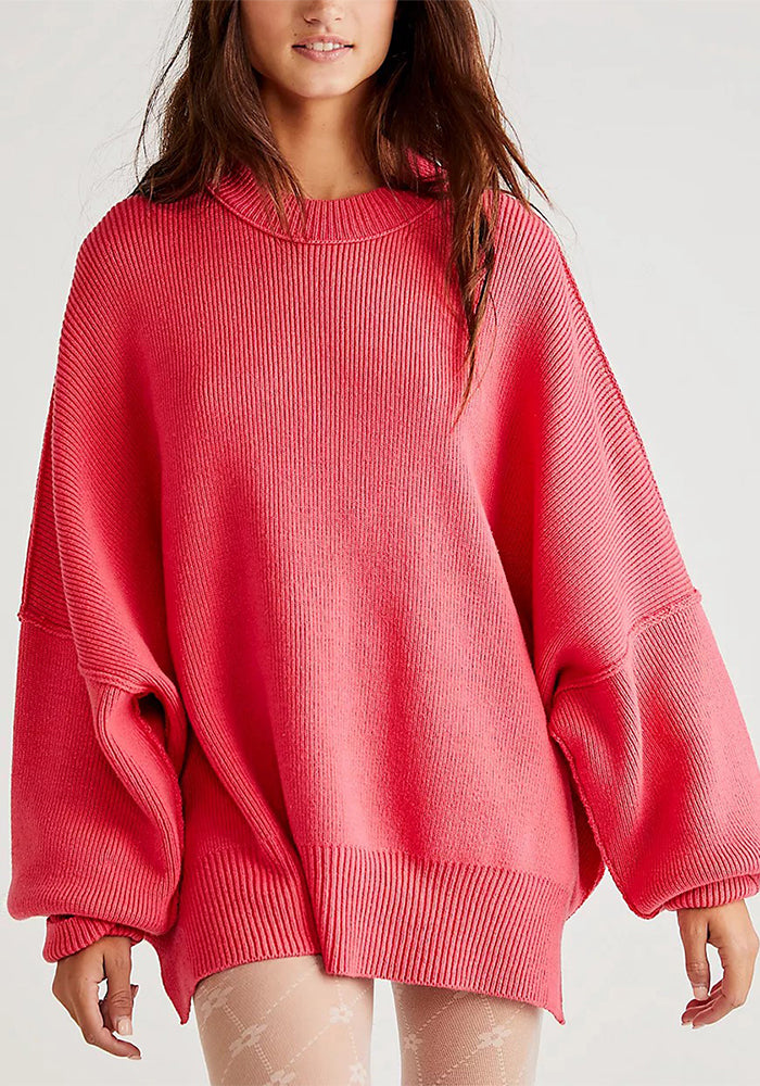 Women Autumn and Winter Loose Knitting Long Sleeve Slit Round Neck Sweater