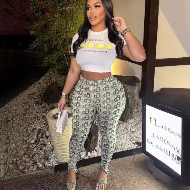 Women Short Sleeve Printed T-Shirt and Pants Two-Piece Set 4