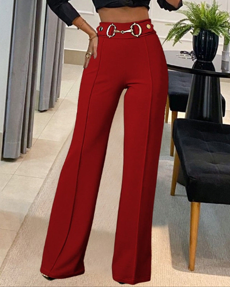 Spring and autumn Casual solid color high waist metal decoration straight trousers 3