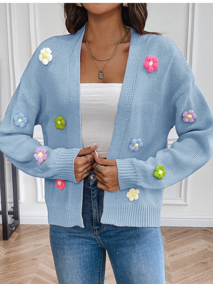 Flower Sweet Knitting Cardigan Sweater Jacket For Women Lazy Style Casual Loose Sweater 8