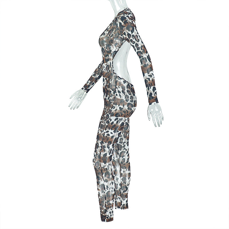 Women Casual Leopard Hollow U-Neck Jumpsuit 7