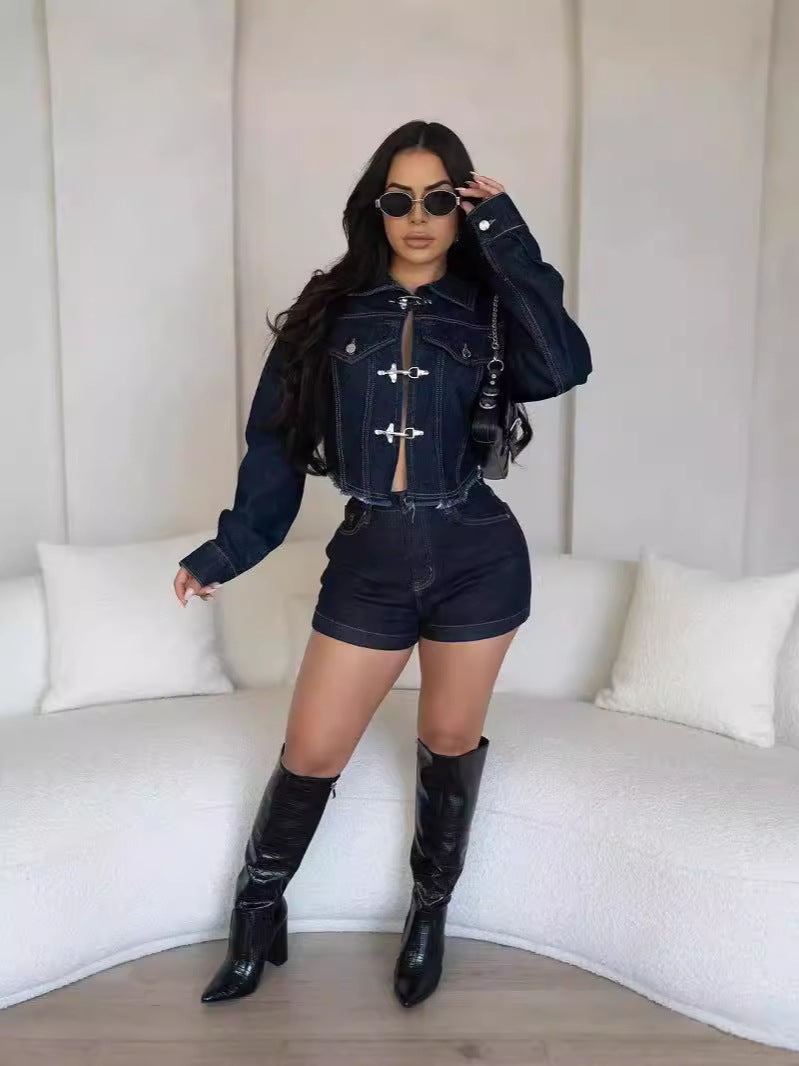 Women casual stretchy denim shorts long sleeve top two-piece set 6