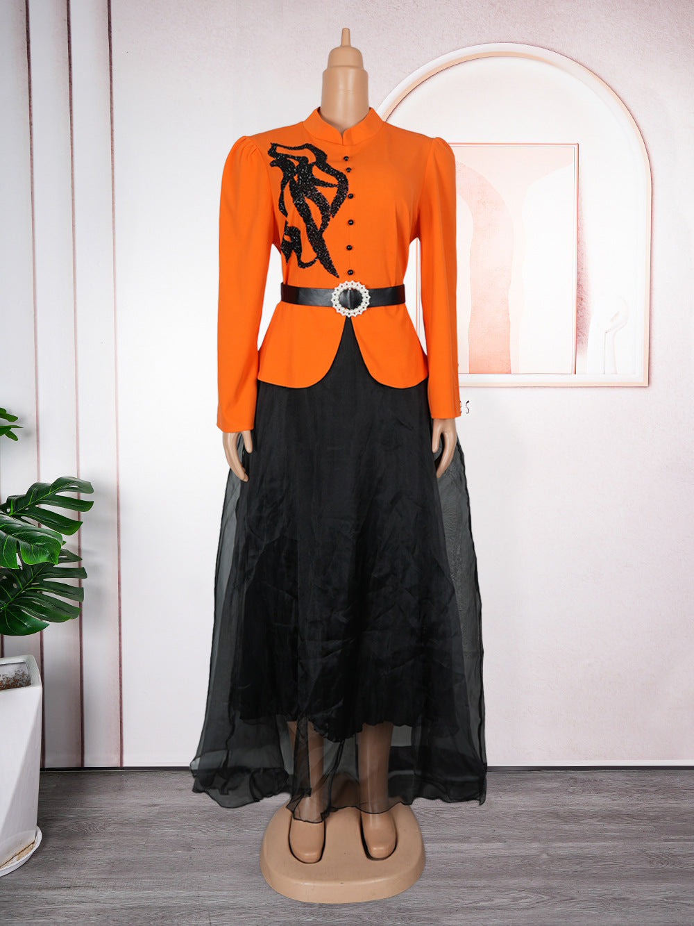 Women long-sleeved button fake two-piece Beaded dress 8