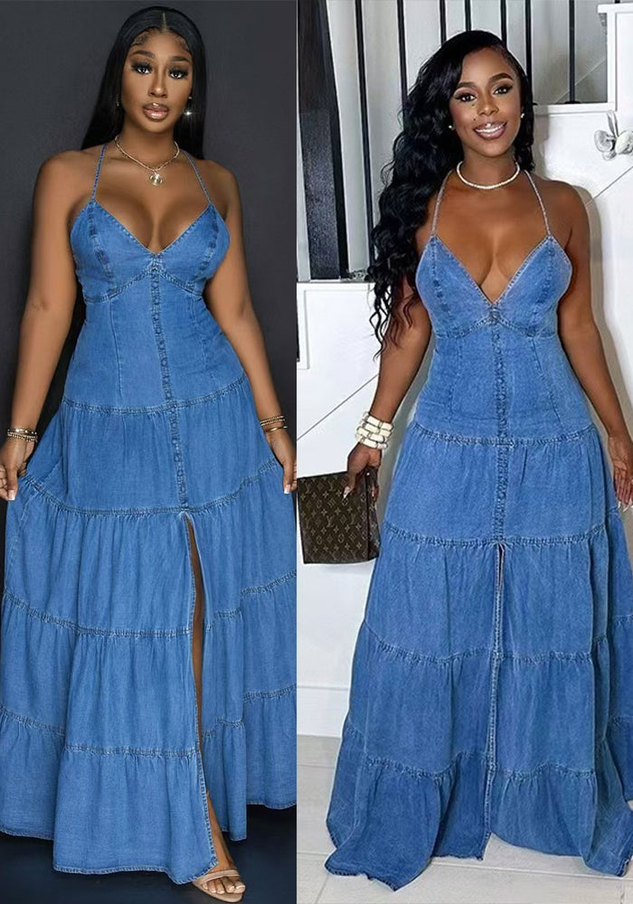 Women's Summer Sexy Fashion V neck Strap Low Back Lace Up Denim Long Dress
