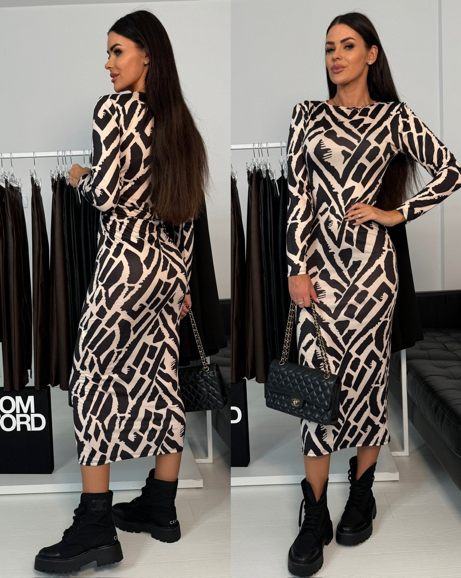 Women Sexy Round Neck Printed Slit Maxi Dress 3