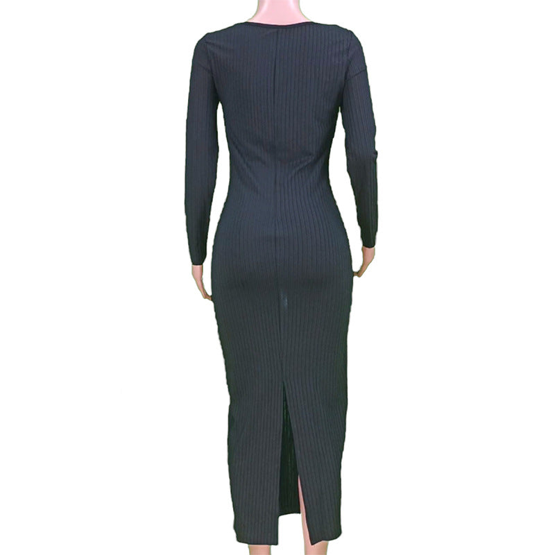 Women Spring Sexy Solid U-shaped Neck Long Sleeve Slit Ribbed Dress 6