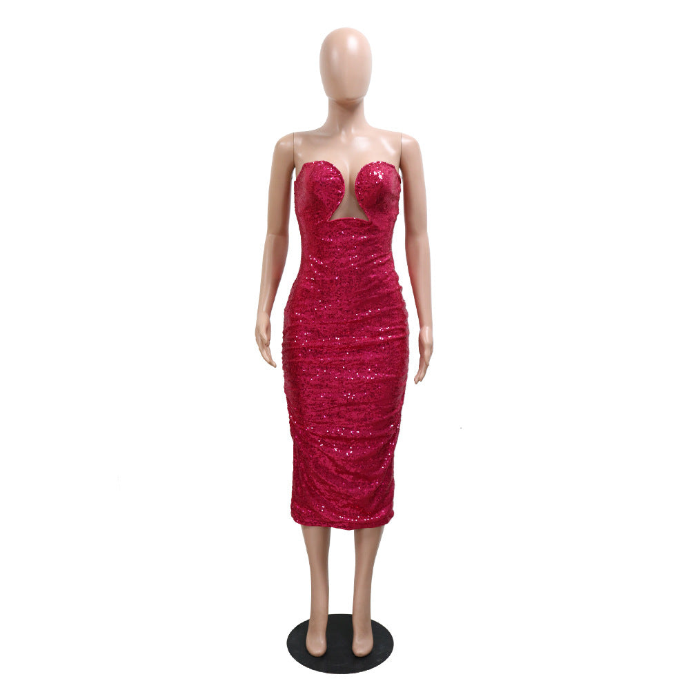 Strapless Bodycon A-Line Dress Women's Sequin Party Long Dress 12