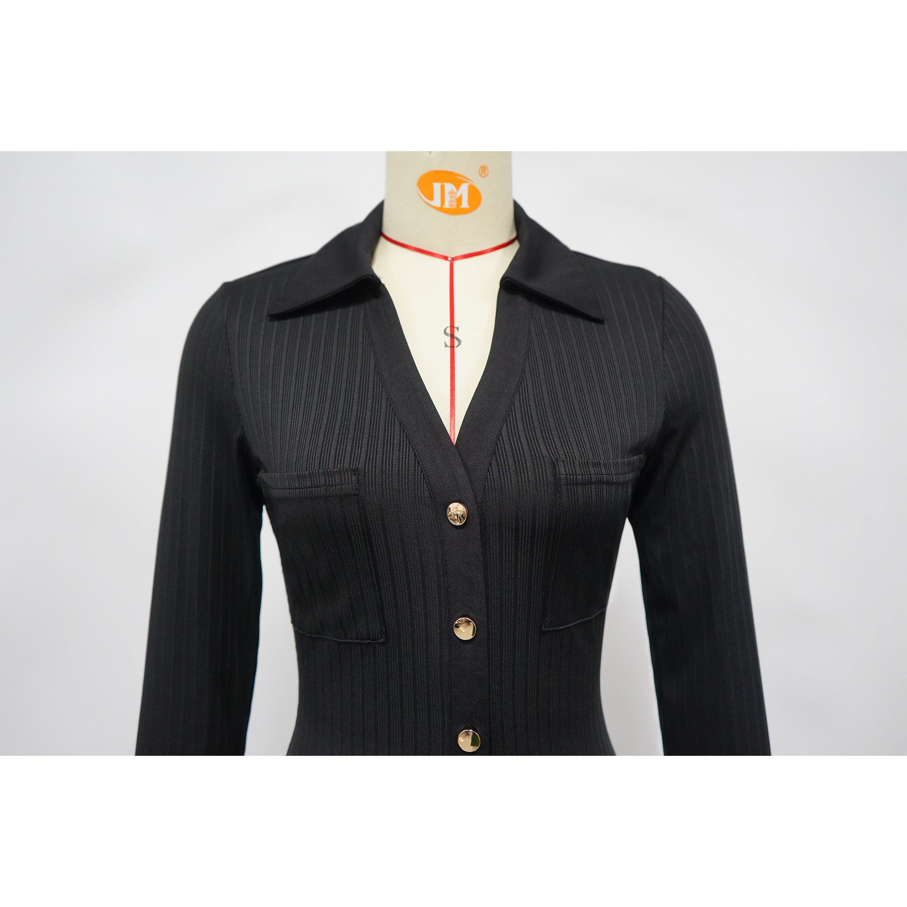 Women's Fashion V-Neck Single Row Buttons Long Sleeve Solid Long Dress 11