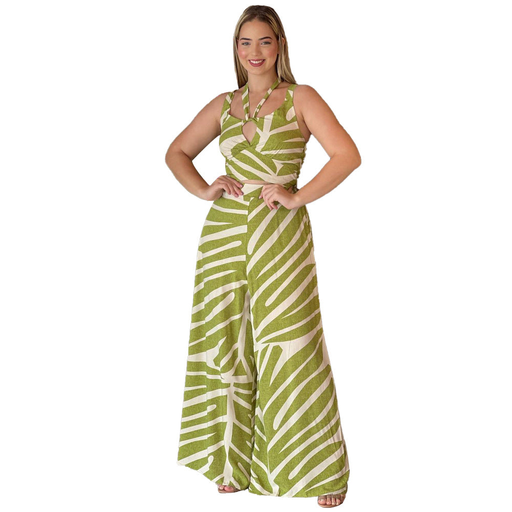 Fashion Striped Camisole Loose Wide-Leg Trousers Beach Style Two-Piece Set 5