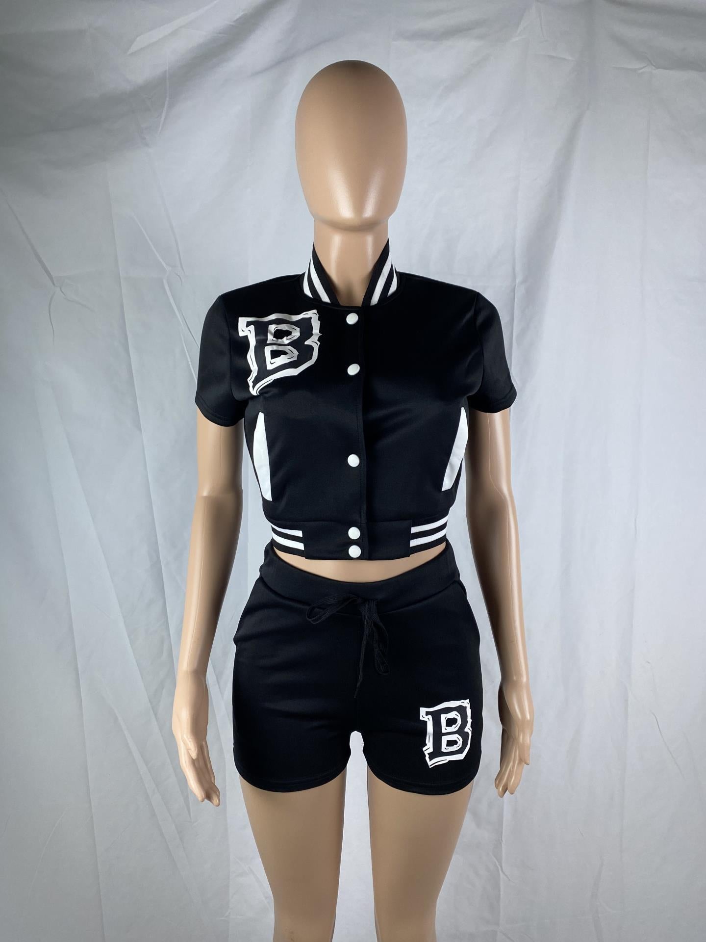Women's Letter Print Ribbed Baseball Jacket Shorts Two Piece Set 16