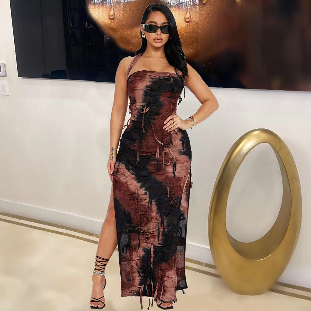 Women summer sleeveless backless split tie-dye dress 5