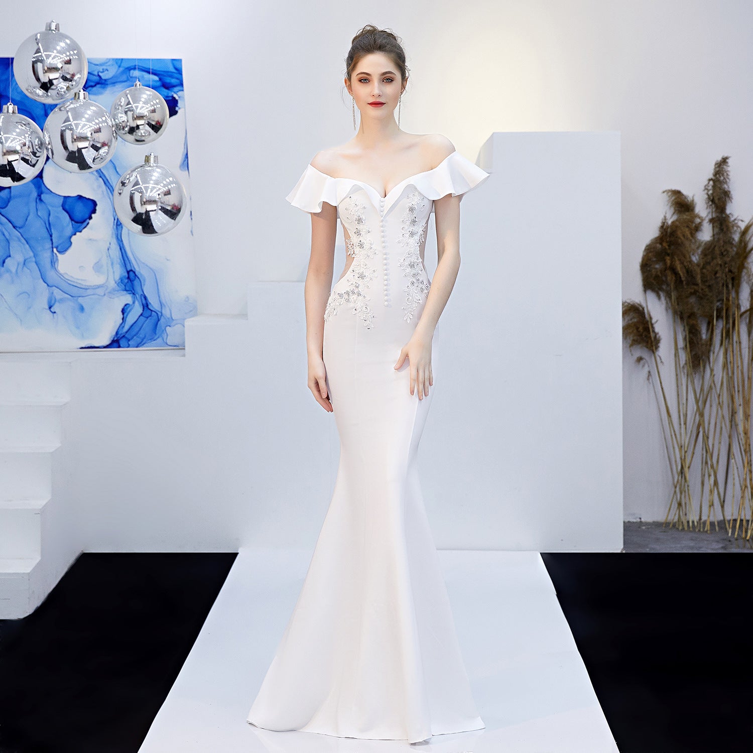 Women Red Off Shoulder Fishtail Evening Dress