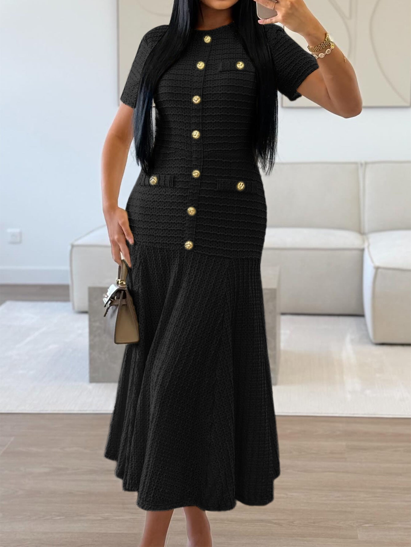 Elegant Button-Detail Short-Sleeve Maxi Dress