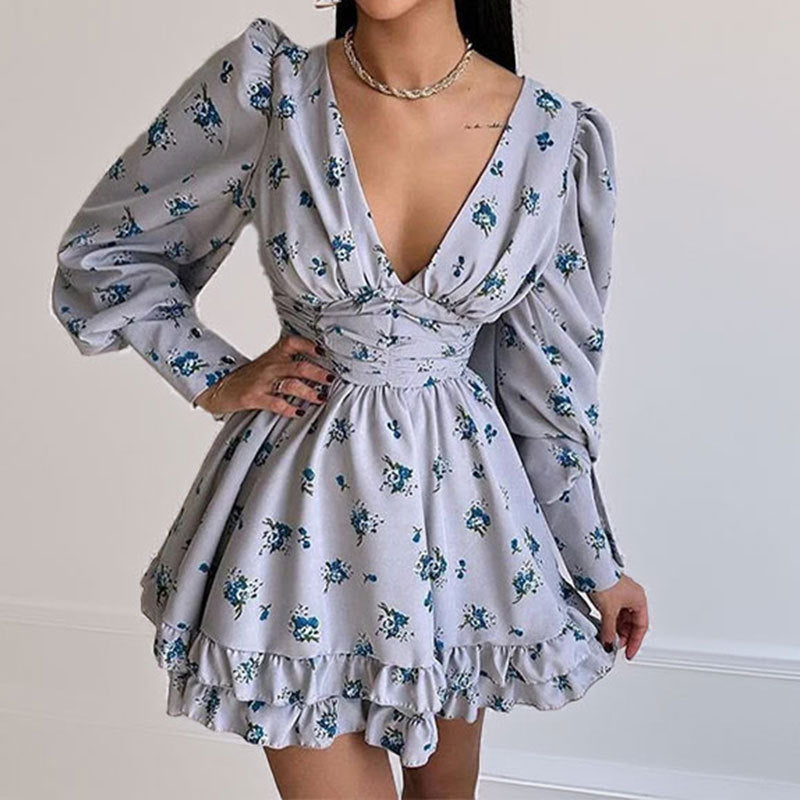 Floral Print Sweet V-neck Puff Sleeve Slim Waist Dress 8
