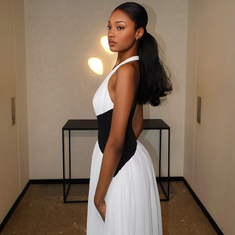 Fashion Black and White Women's Pleated Slim Waist A-line Sexy Deep V-neck Halter Neck Long Dress