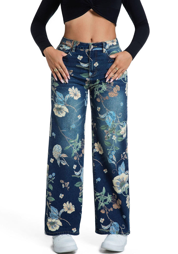 Women printed blue wide-leg denim pants