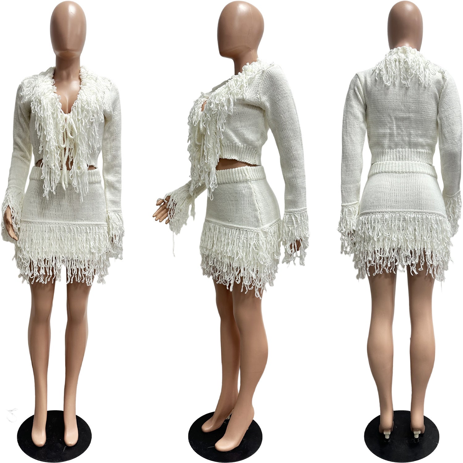 Autumn & Winter Knitted Crochet Fringe Lace-Up Long Sleeve Bodycon Skirt Set 10