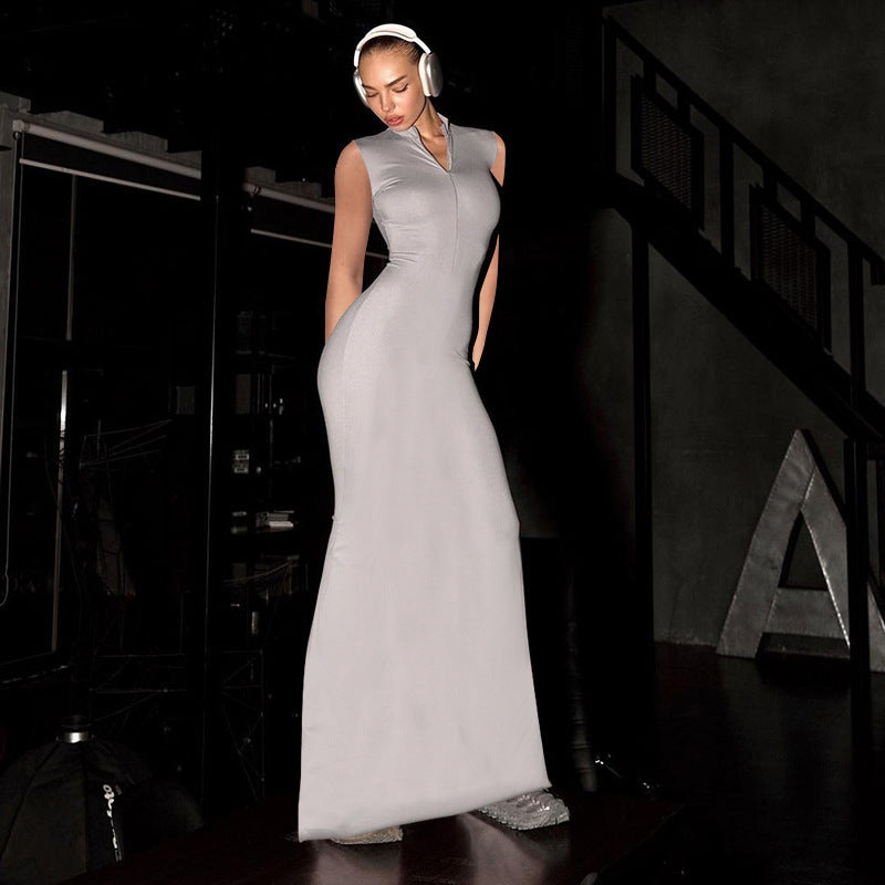Women's Summer Solid Color Casual Zipper Sleeveless Slim Women's Long Dress